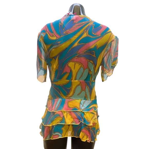 Janice Jaraicie Nelli Colorful 100% Silk V-Neck Ruffled Blouse Top L - Picture 2 of 6